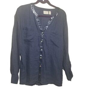 Chico's Women's Linen Navy Sequin Trim Crochet Back Accent Sz 3 US XL